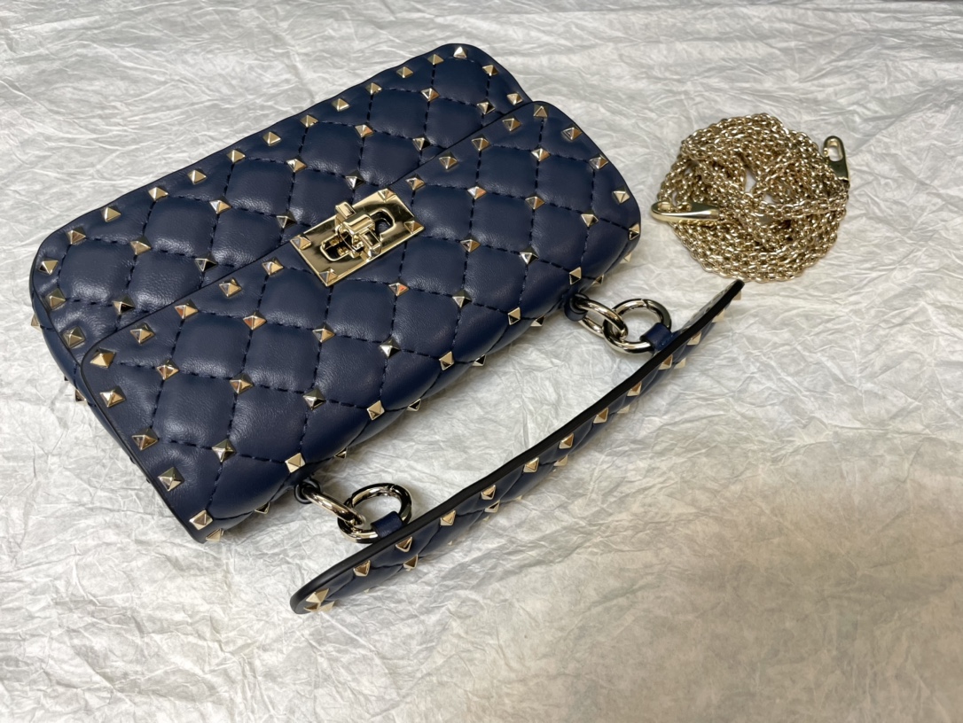 Valentino Garavani Rockstud Spike Small Chain Bag in Dark Blue Supple Lambskin Nappa